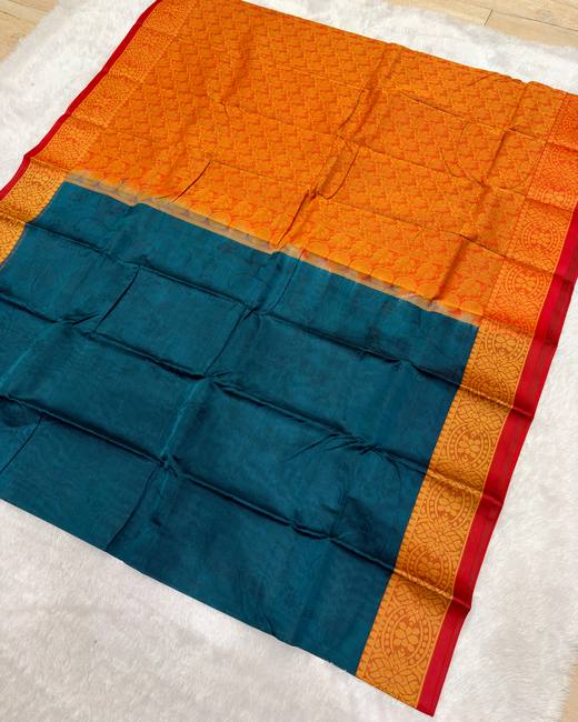 Tanchoi Work Cotton Saree with Jacquard Border in Orange with Teal