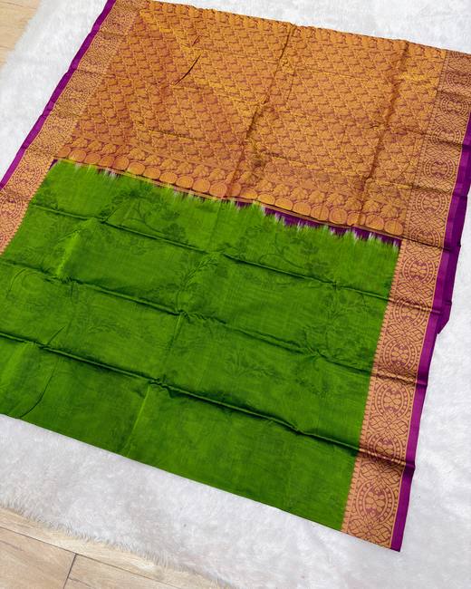 Tanchoi Work Cotton Saree with Jacquard Border in Rust with Green