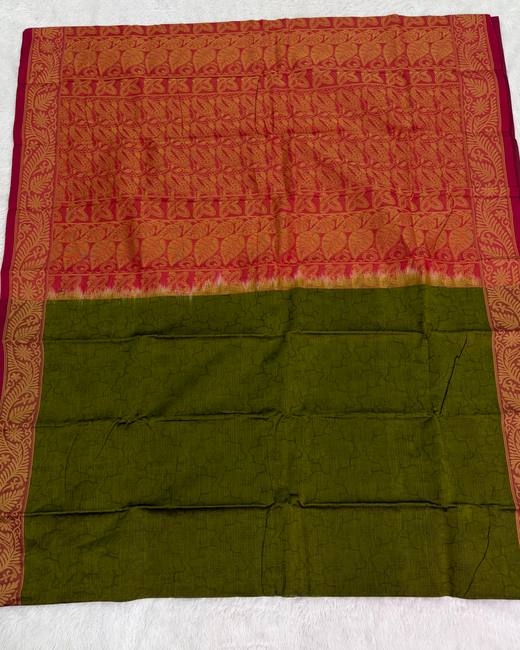 Tanchoi Work Cotton Saree with Jacquard Border in Rust with Olive