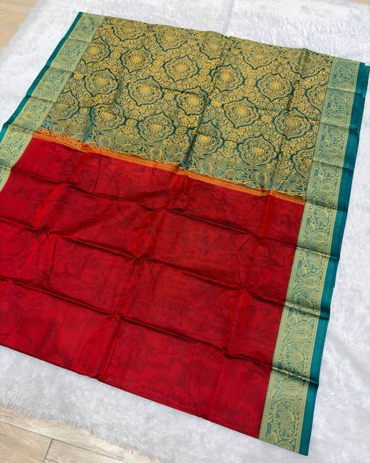 Tanchoi Work Cotton Saree with Jacquard Border in Sage with Red