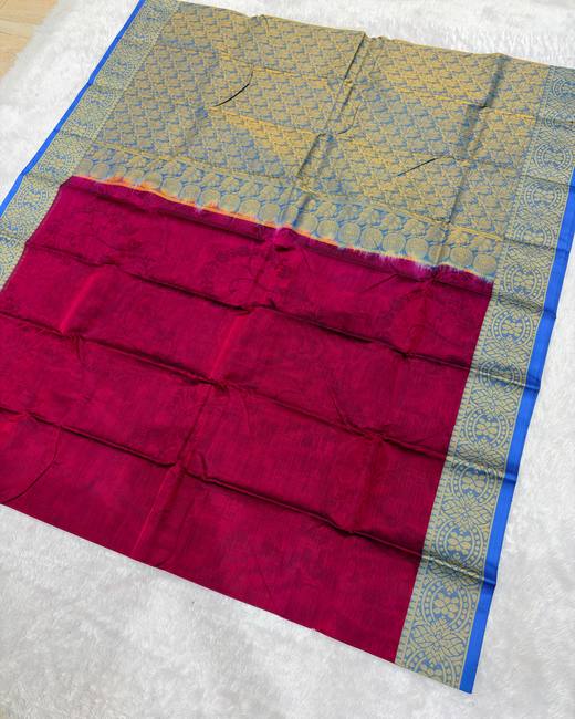 Tanchoi Work Cotton Saree with Jacquard Border in Silver with Rani