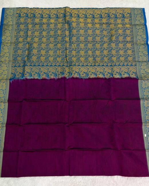 Tanchoi Work Cotton Saree with Jacquard Border in Teal with Magenta