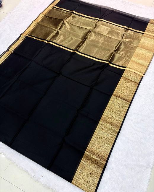 Maheshwari Silk Saree with Zari Border in Black with Gold