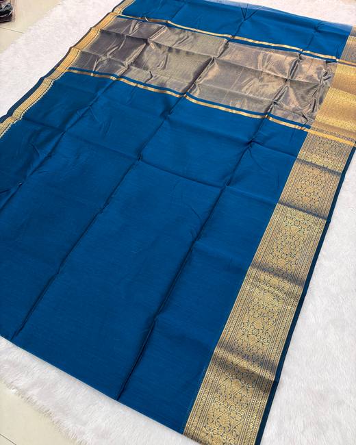 Maheshwari Silk Saree with Zari Border in Blue with Gold