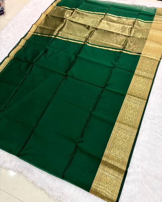 Maheshwari Silk Saree with Zari Border in BottleGreen with Gold
