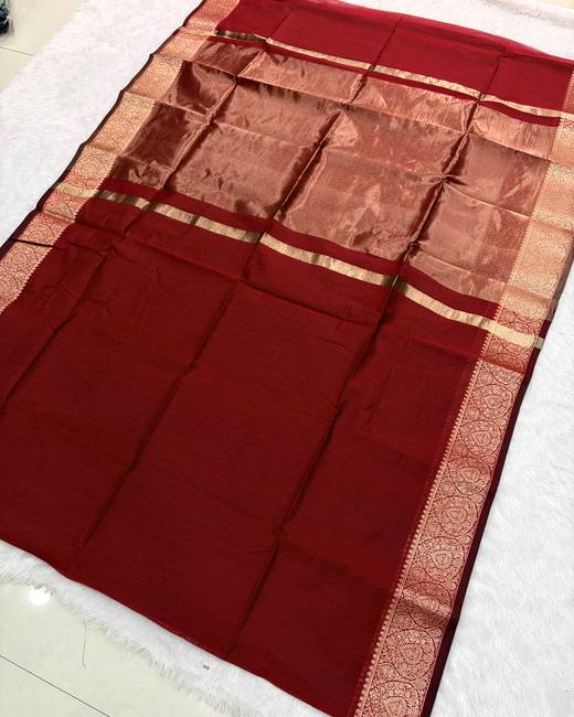 Maheshwari Silk Saree with Zari Border in Brick with Gold