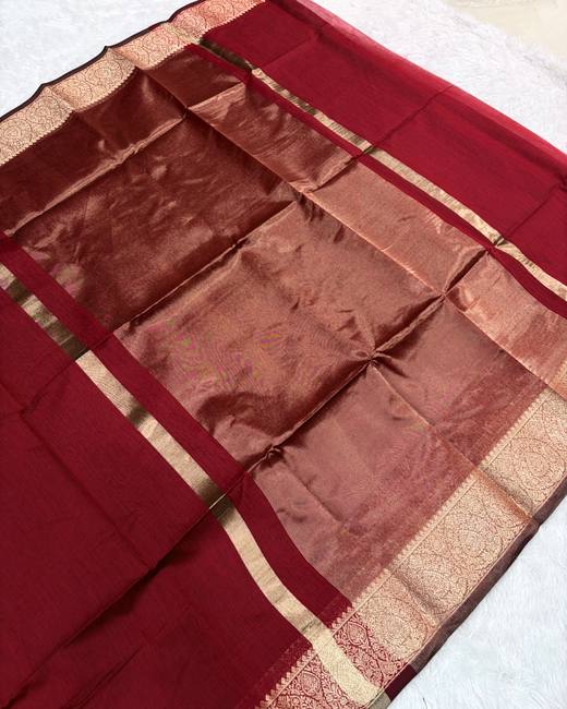 Maheshwari Silk Saree with Zari Border in DarkMaroon with RoseGold