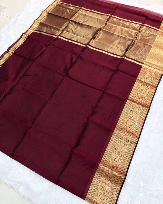 Maheshwari Silk Saree with Zari Border in Maroon with Gold