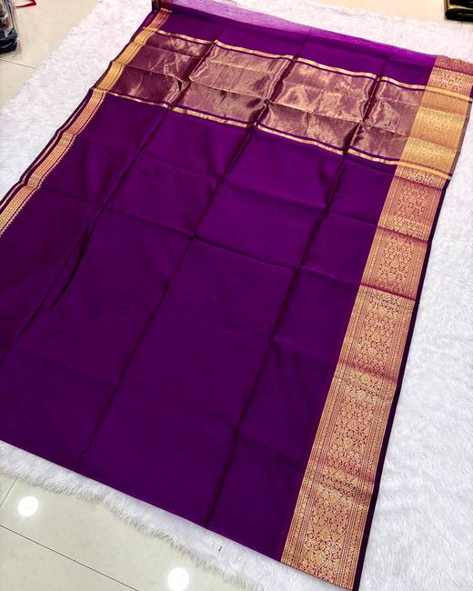 Maheshwari Silk Saree with Zari Border in Purple with Gold