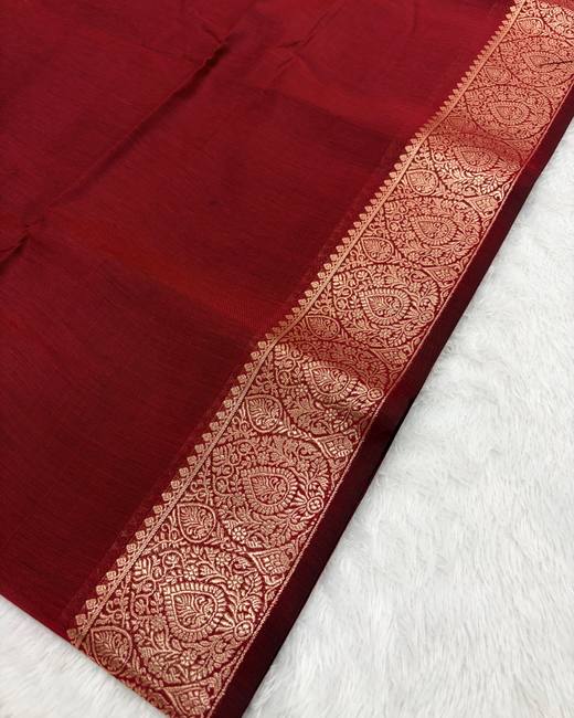Maheshwari Silk Saree with Zari Border in Red with Gold