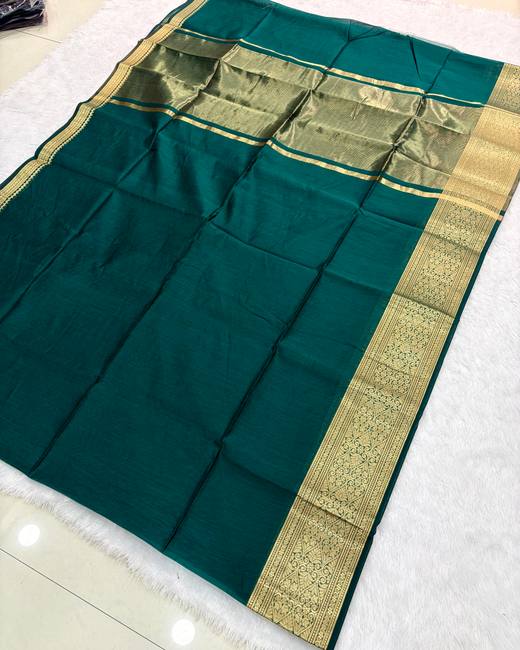 Maheshwari Silk Saree with Zari Border in Teal with Gold