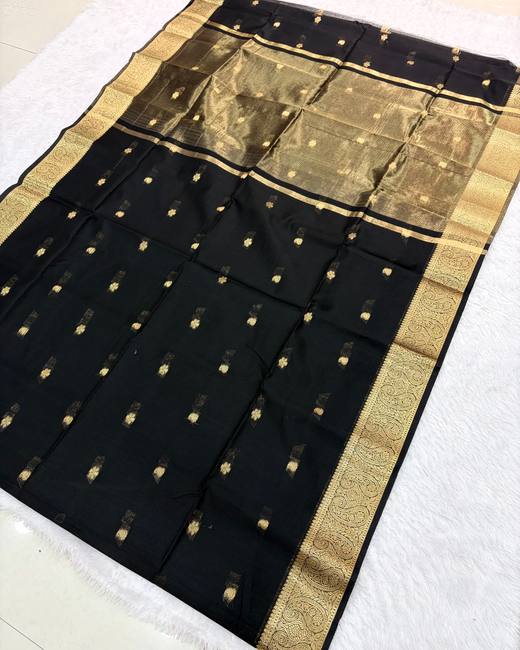 Maheshwari Silk Saree with All-Over Buttis in Black with Gold