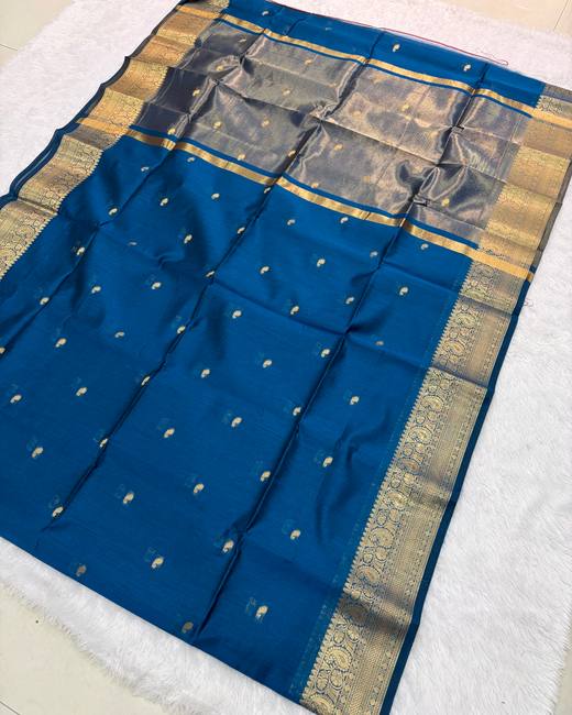 Maheshwari Silk Saree with All-Over Buttis in Blue with Gold