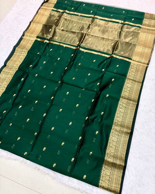 Maheshwari Silk Saree with All-Over Buttis in BottleGreen with Gold