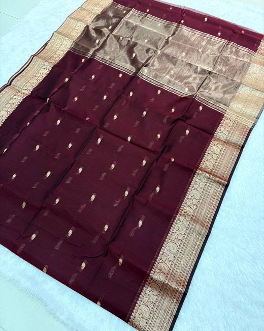 Maheshwari Silk Saree with All-Over Buttis in Maroon with Gold