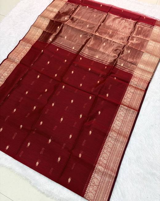 Maheshwari Silk Saree with All-Over Buttis in Red with Gold
