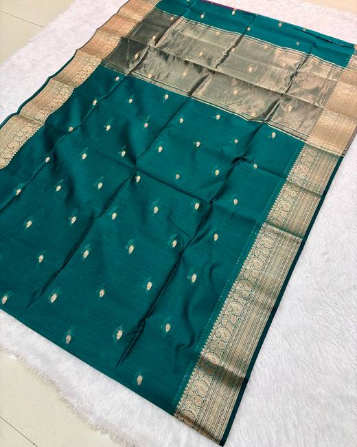Maheshwari Silk Saree with All-Over Buttis in Teal with Gold