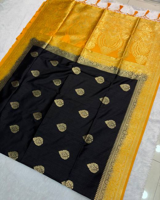 Semi Matka Silk Saree with Banarasi Butas in Black with Mustard