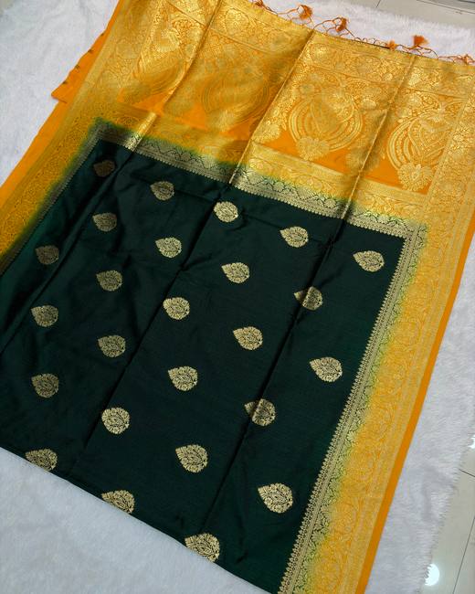 Semi Matka Silk Saree with Banarasi Butas in BottleGreen with Mustard
