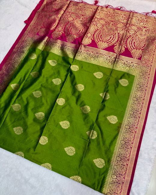Semi Matka Silk Saree with Banarasi Butas in Green with Rani