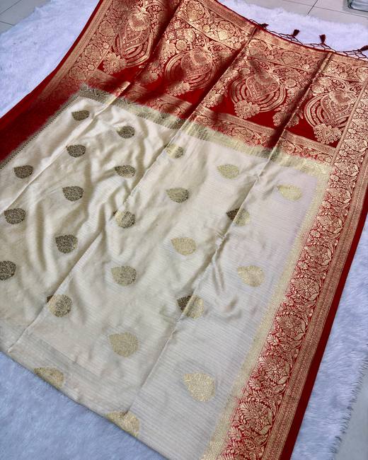 Semi Matka Silk Saree with Banarasi Butas in Ivory with Red