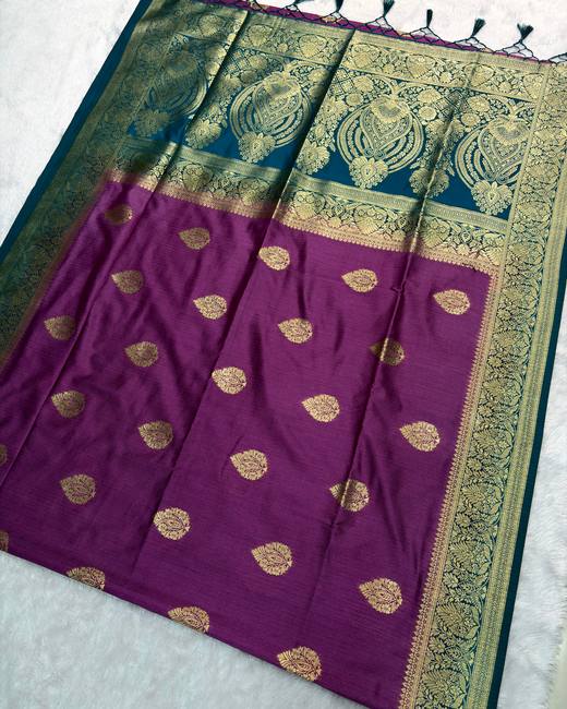 Semi Matka Silk Saree with Banarasi Butas in Magenta with Teal