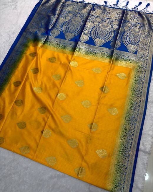 Semi Matka Silk Saree with Banarasi Butas in Mustard with Blue