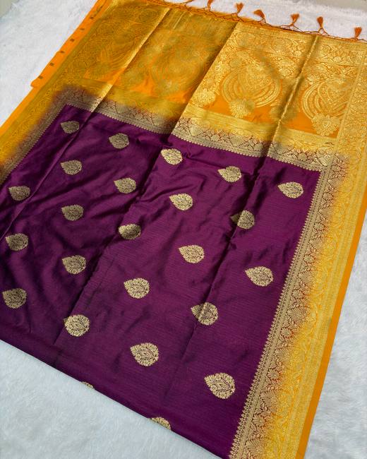 Semi Matka Silk Saree with Banarasi Butas in Purple with Mustard