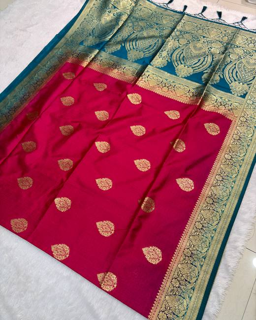 Semi Matka Silk Saree with Banarasi Butas in Rani with Teal
