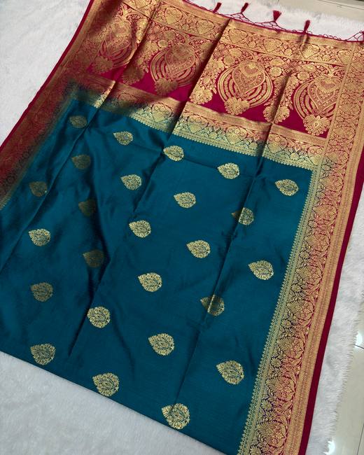 Semi Matka Silk Saree with Banarasi Butas in Teal with Red