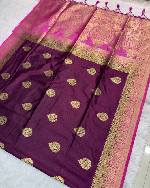 Semi Matka Silk Saree with Banarasi Butas in Wine with Pink