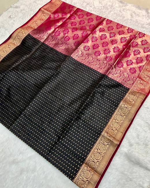 Banarasi Katan Saree with Tanchoi Buttis in Black with Pink