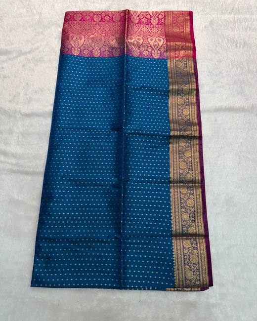 Banarasi Katan Saree with Tanchoi Buttis in Blue with Pink