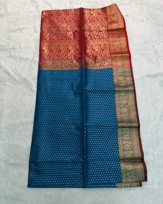 Banarasi Katan Saree with Tanchoi Buttis in Blue with Red