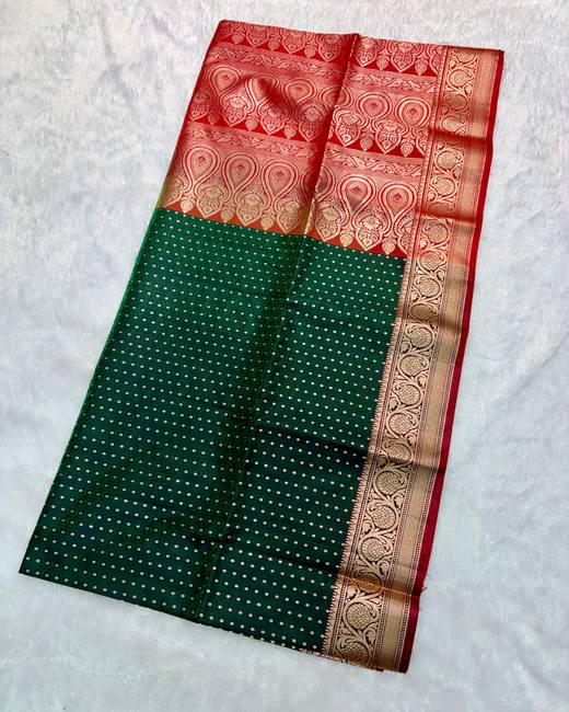Banarasi Katan Saree with Tanchoi Buttis in BottleGreen with Red