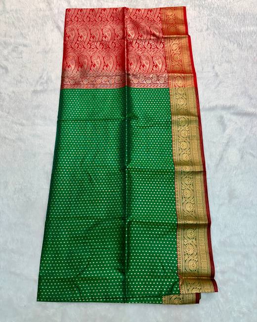 Banarasi Katan Saree with Tanchoi Buttis in Green with Red