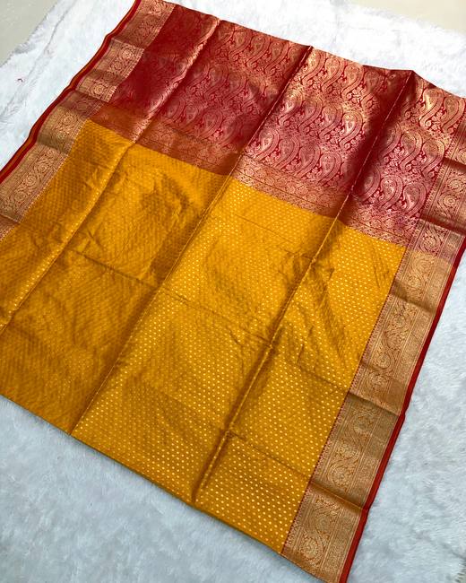 Banarasi Katan Saree with Tanchoi Buttis in Mustard with Red