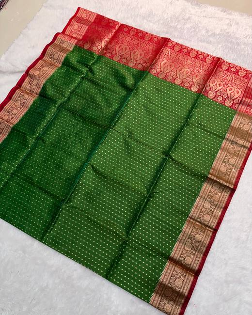 Banarasi Katan Saree with Tanchoi Buttis in OliveGreen with Red