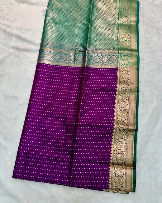 Banarasi Katan Saree with Tanchoi Buttis in Purple with Green