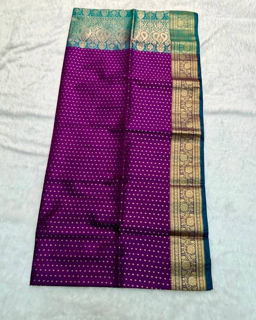 Banarasi Katan Saree with Tanchoi Buttis in Purple with Teal