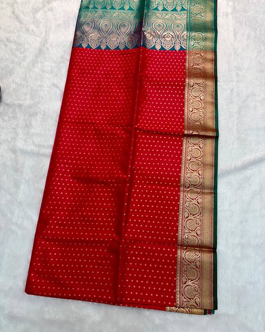Banarasi Katan Saree with Tanchoi Buttis in Red with Teal