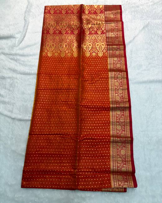 Banarasi Katan Saree with Tanchoi Buttis in Rust with Gold