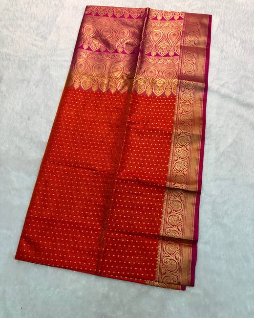 Banarasi Katan Saree with Tanchoi Buttis in Rust with Red