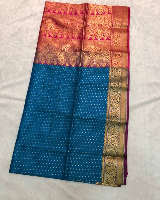 Banarasi Katan Saree with Tanchoi Buttis in SteelBlue with Red