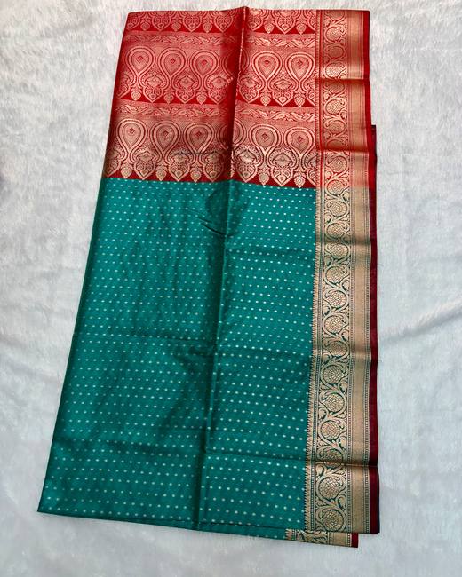 Banarasi Katan Saree with Tanchoi Buttis in Teal with Red