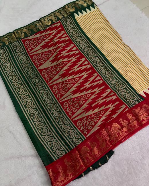 Crepe Silk Saree with Ganga Jamuna Border in Cream with GreenRed