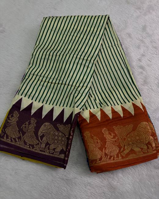 Crepe Silk Saree with Ganga Jamuna Border in Green with PurpleRust