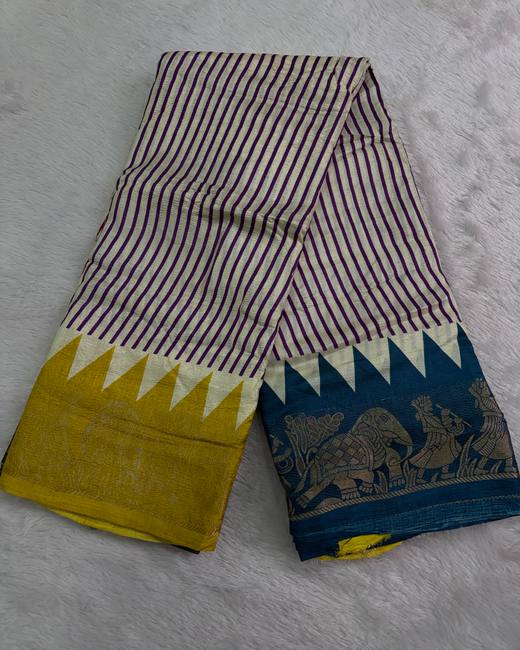 Crepe Silk Saree with Ganga Jamuna Border in Purple with YellowBlue