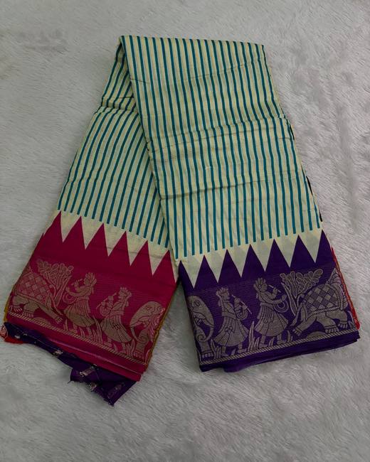 Crepe Silk Saree with Ganga Jamuna Border in Teal with PinkPurple