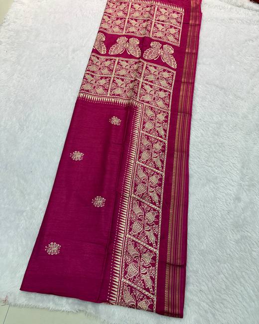 Soft Silk Saree with Woven Contrast Pallu in Magenta with Cream